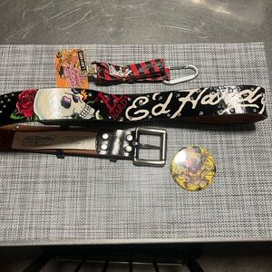 Ed Hardy Black Belt with Skull and Rose Motif plus button and lanyard